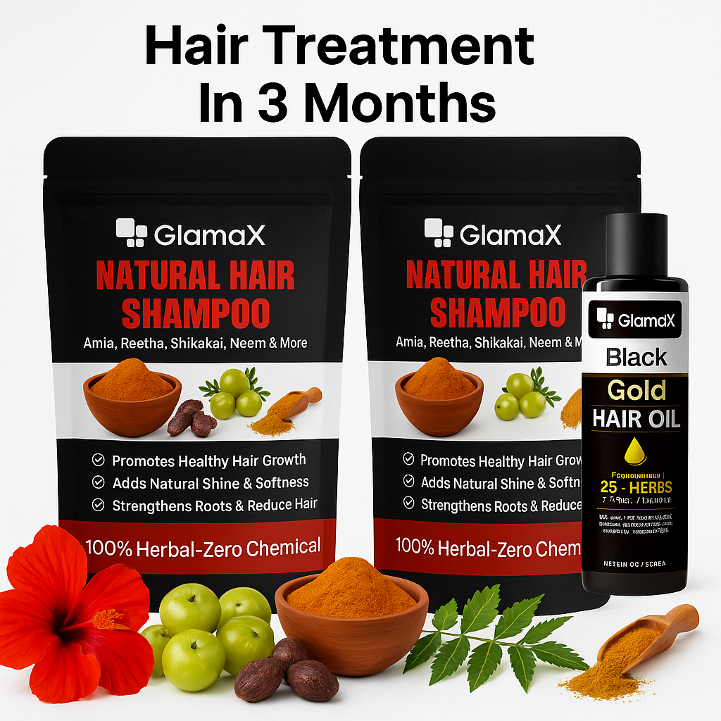 Glamax Herbal Hair Treatment In 3 Months  –  100% Natural Shampoo 2 & Natural Hair Oil 1